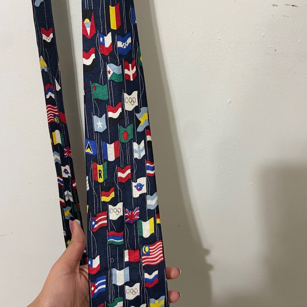 United States Sports Academy Mens Silk Tie Navy Blue International Flags Olympic